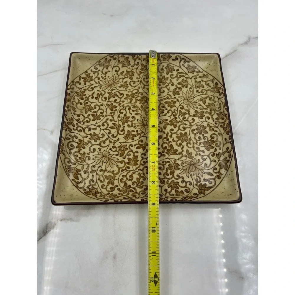 Sound Collection Japanese Ceramic Square Plate Brown Floral Vine Scroll 9.25in